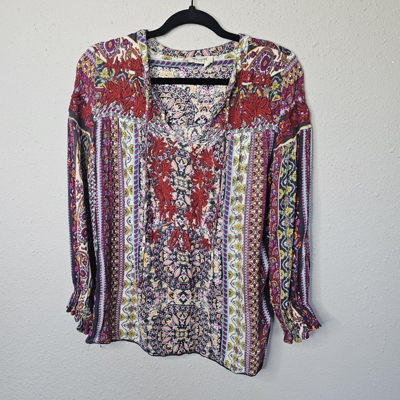 Tru Luxe Jeans‎ Top Womens Small Boho Embroidered Peasant Paisley Colorful FLAW - Picture 1 of 11